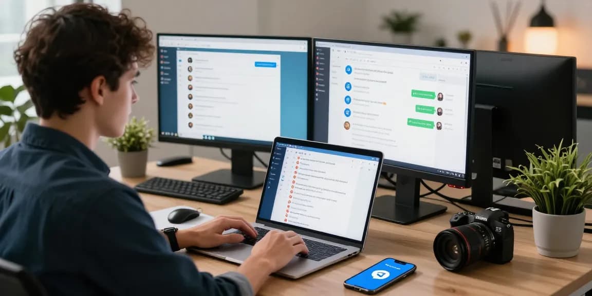 Engaging workspace showcasing Telegram download on multiple screens in a modern tech environment.