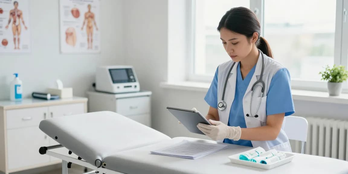 Healthcare professional in disposable exam gloves preparing in a clean examination room, promoting sterile practices.