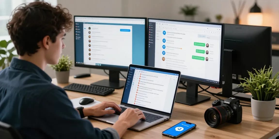 Engaging workspace showcasing Telegram download on multiple screens in a modern tech environment.
