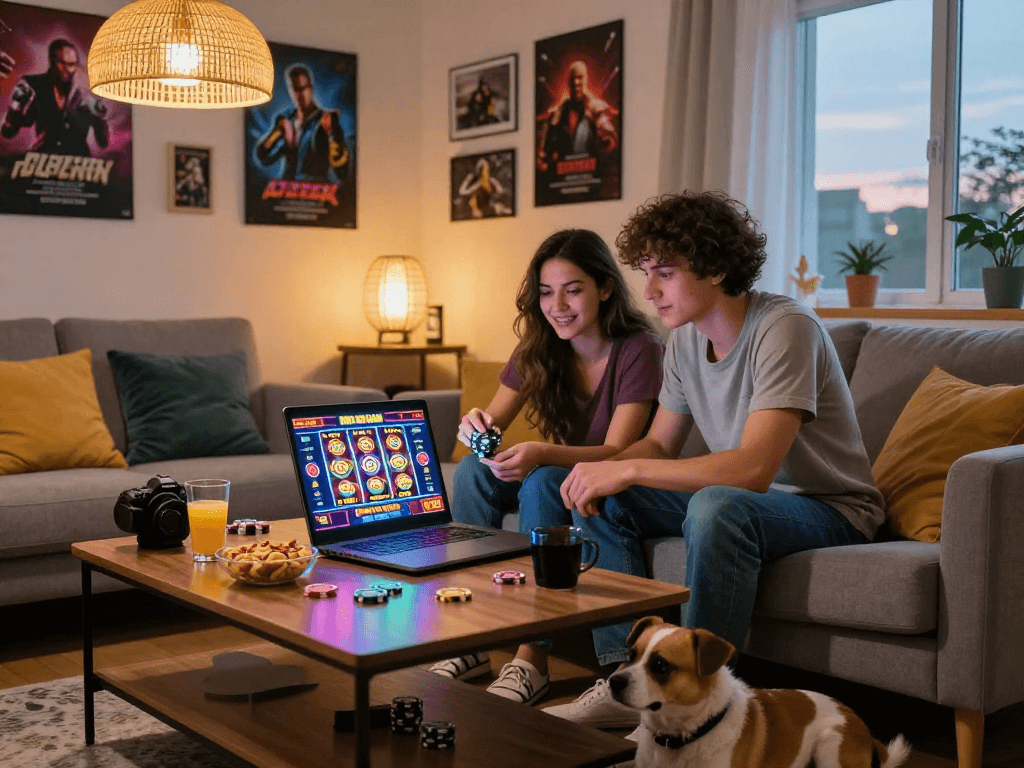Couple enjoying gambleonline gaming experience on a laptop in cozy living room.