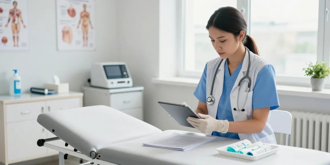 Healthcare professional in disposable exam gloves preparing in a clean examination room, promoting sterile practices.