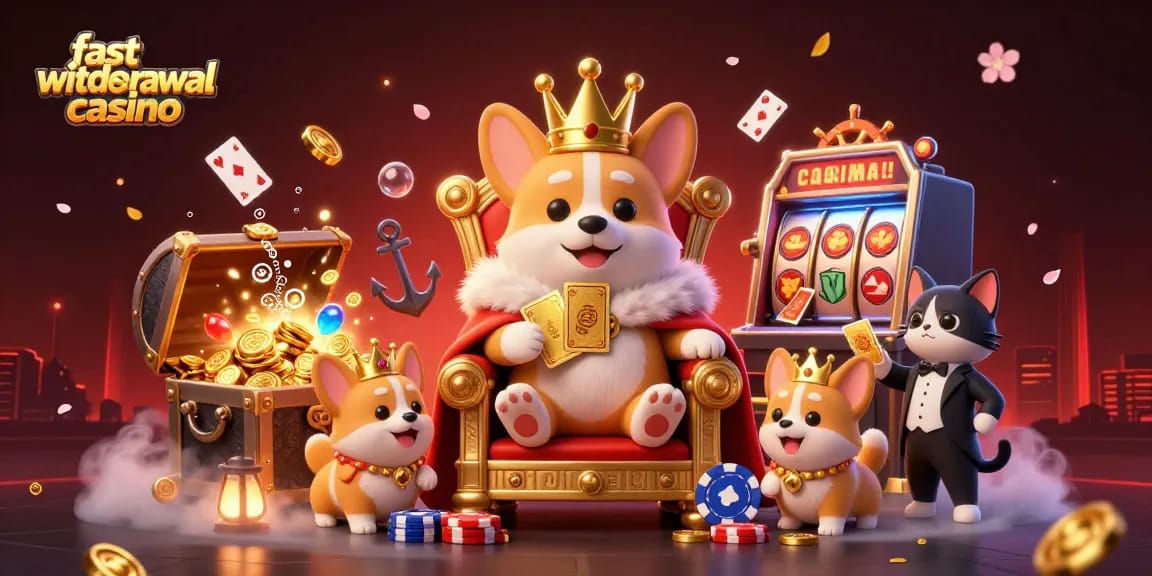Experience the excitement of a fast withdrawal casino with animated corgis and treasure-filled scenes.