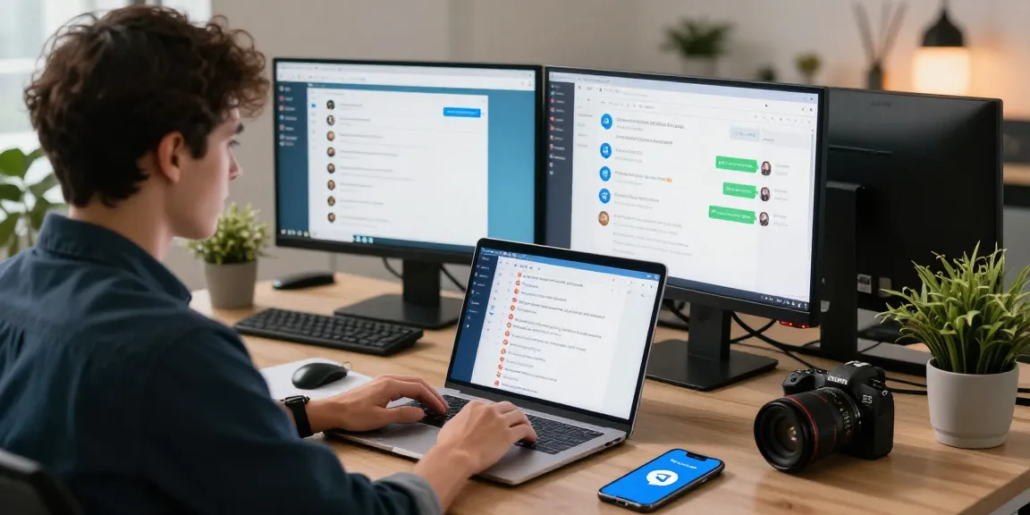Engaging workspace showcasing Telegram download on multiple screens in a modern tech environment.