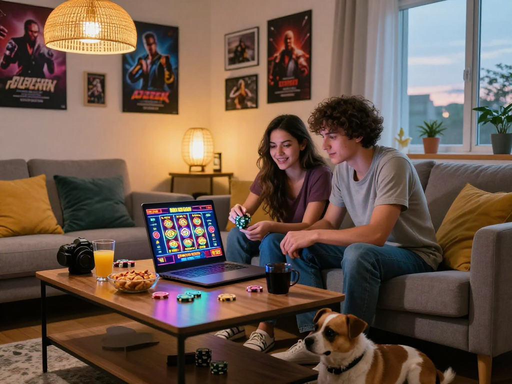 Couple enjoying gambleonline gaming experience on a laptop in cozy living room.