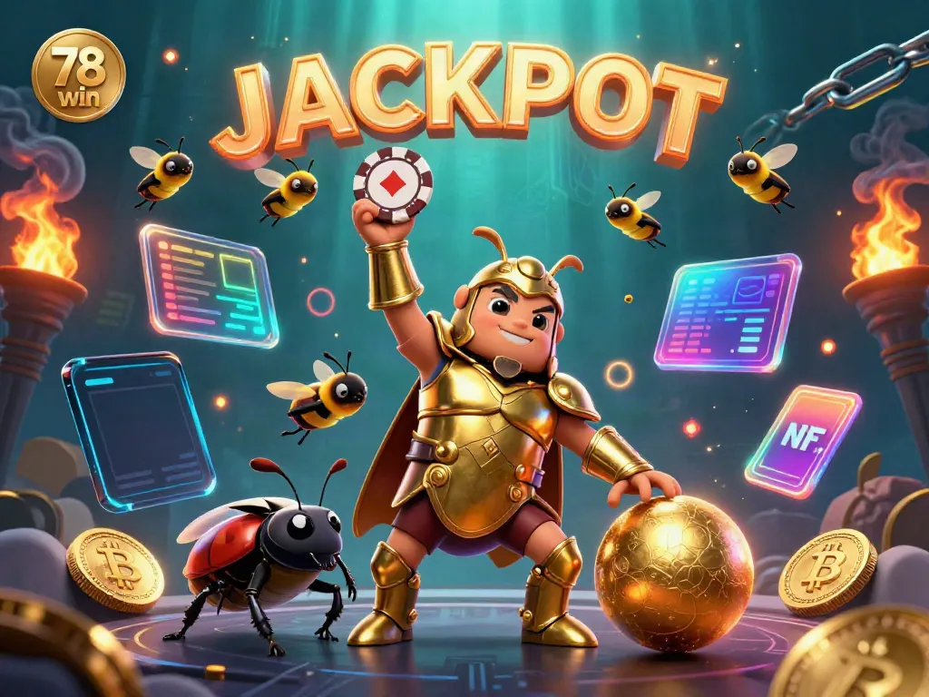 Engage in the excitement of 78 win with this dynamic illustration showcasing a victorious gladiator beetle and crypto-themed visuals.