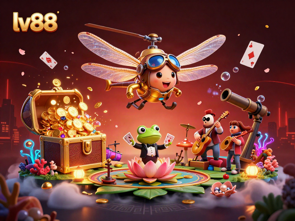 Experience epic gambling excitement with lv88's immersive casino scene featuring a dragonfly pilot and frog dealer.