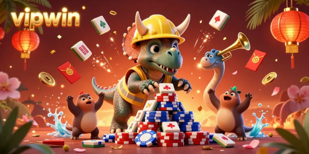 Experience the excitement with vipwin's animated poker scene featuring dynamic characters and vibrant gambling symbols.