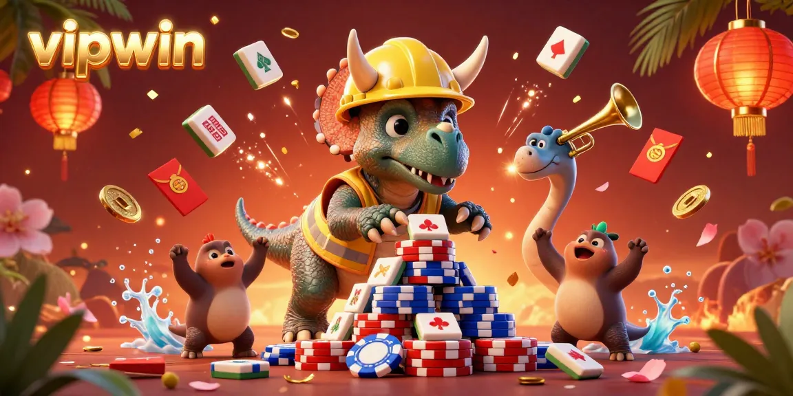 Experience the excitement with vipwin's animated poker scene featuring dynamic characters and vibrant gambling symbols.