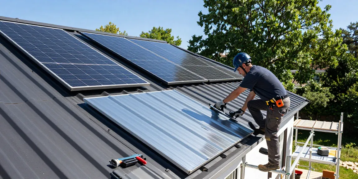 Metal roofing contractor installing panels on a home showcasing professional craftsmanship and modern materials.