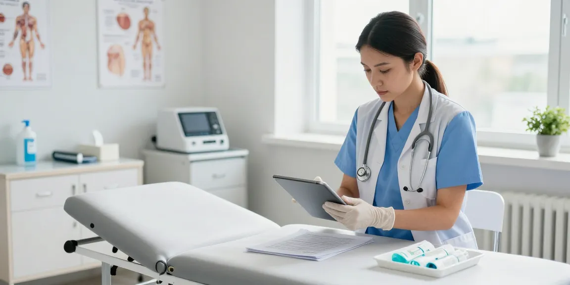 Healthcare professional in disposable exam gloves preparing in a clean examination room, promoting sterile practices.