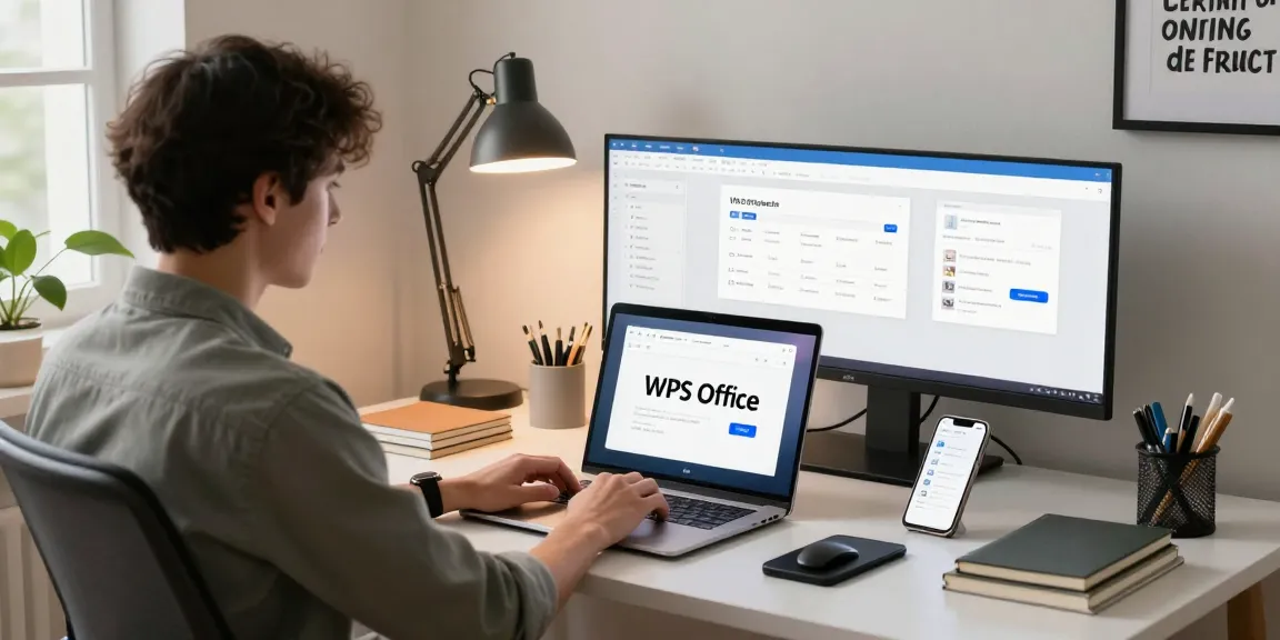 WPS Download scene with a person using a laptop in a stylish home office.