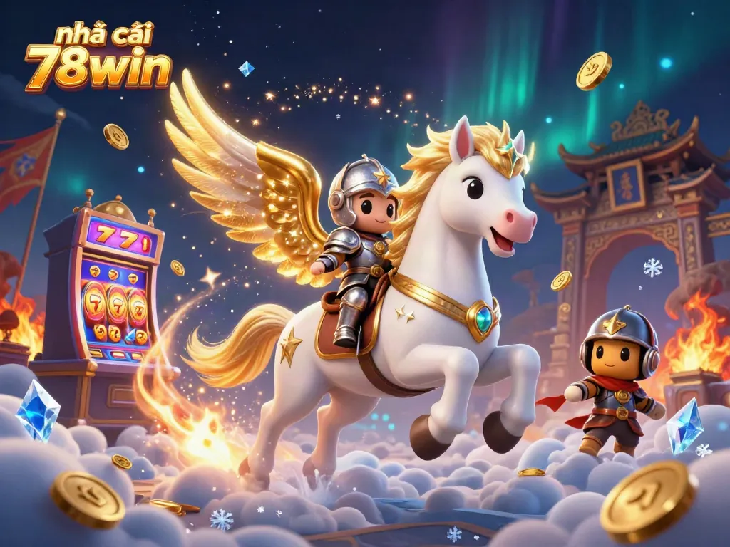 Playing and winning at nhà cái 78win with vibrant casino elements and celestial knights.