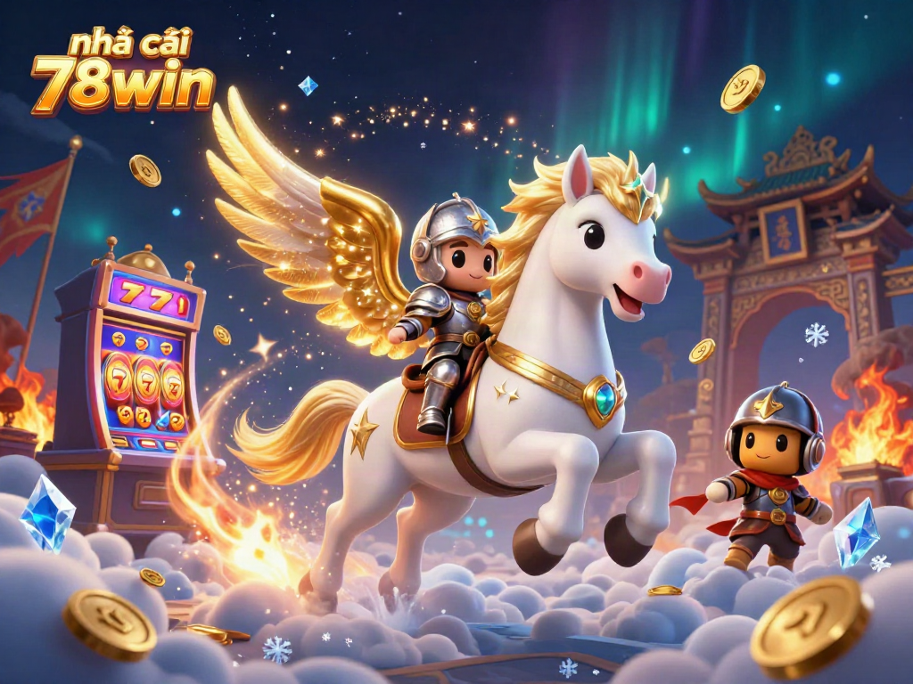 Playing and winning at nhà cái 78win with vibrant casino elements and celestial knights.