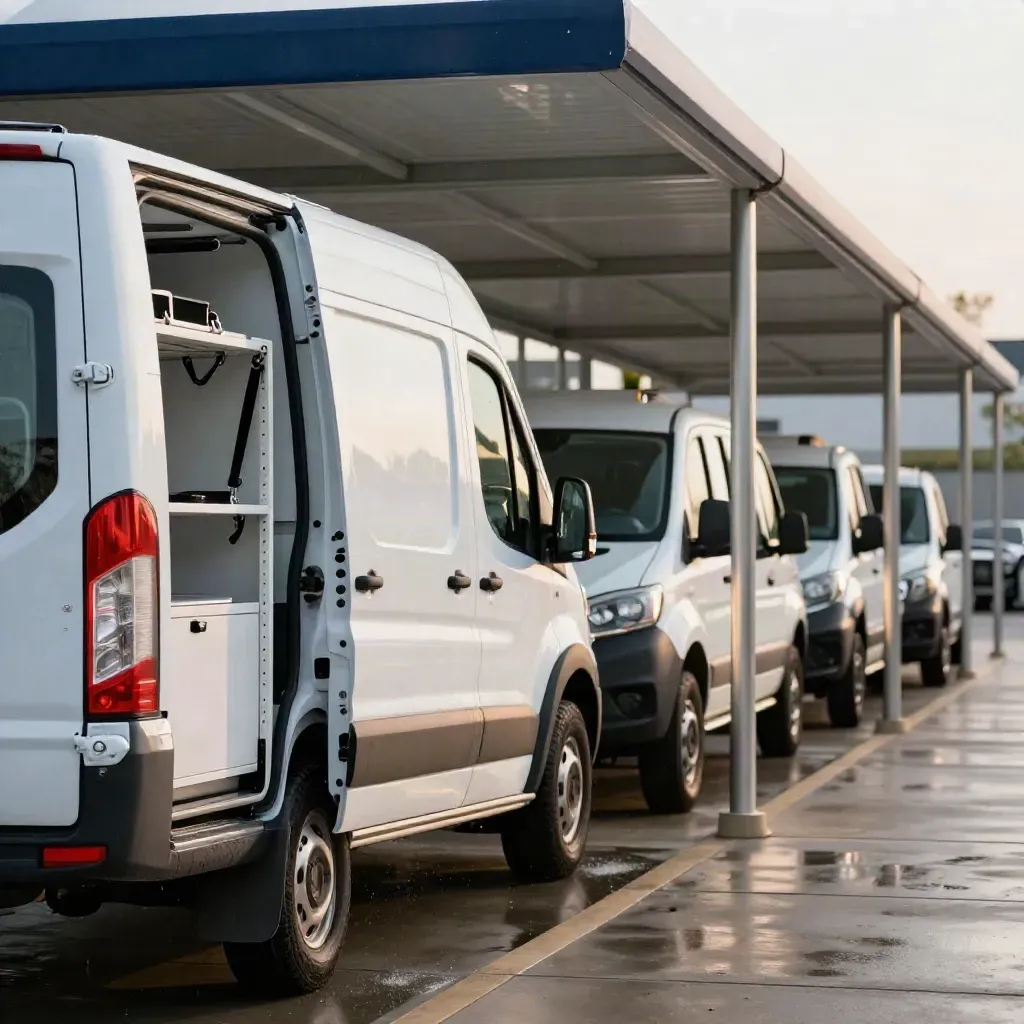 White fleet vehicles roll through a rainy inspection lane, one van open to neat shelving.