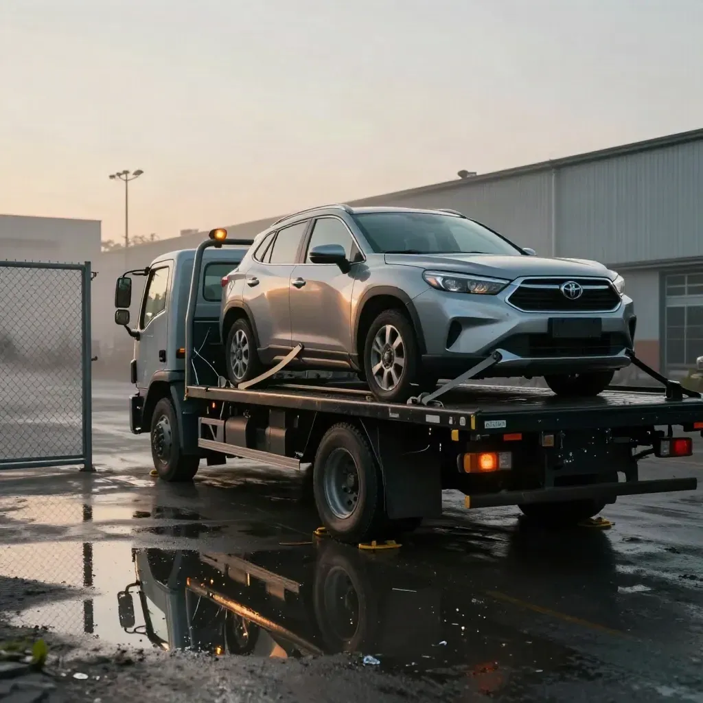 Recovery truck securing a silver crossover in a misty industrial yard at dawn.