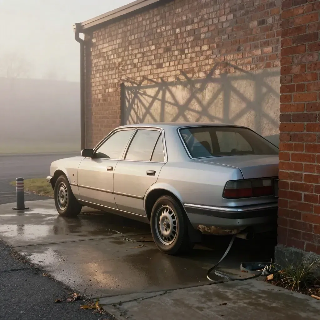 Silver sedan in a foggy brick alley, tow strap and bollard, pulled into dawn light.
