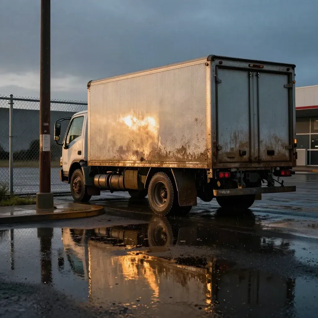 Mud-splashed box truck by a fence at blue hour, reflected in wet asphalt with amber station glow.