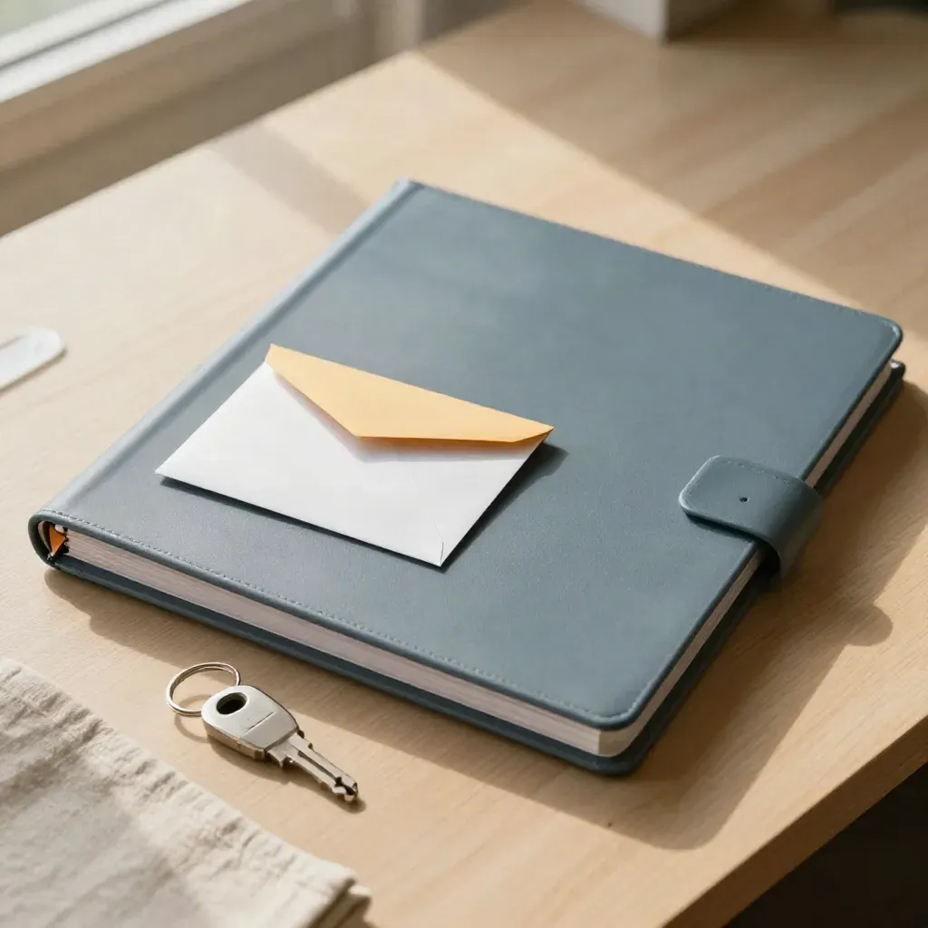 Top-down secure asset file package with binder, tablet, photo envelope, and key fob on a warm desk