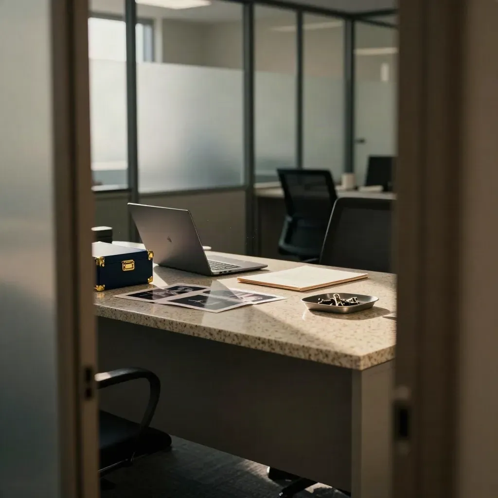 Ontario office review desk with map case, face-down photo prints, and an angled laptop in doorway light.