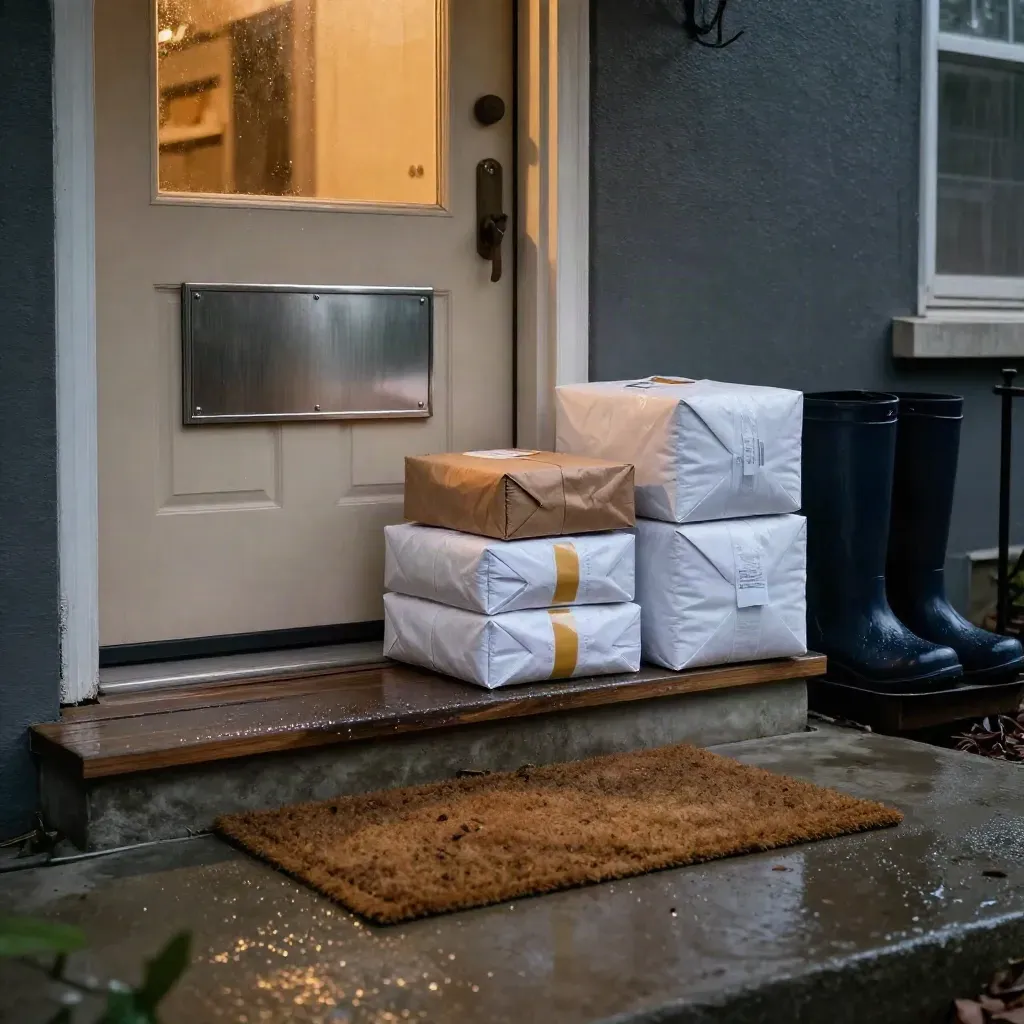 Rainy townhouse entry with parcels, askew doormat, and a blank doorplate on a quiet porch.