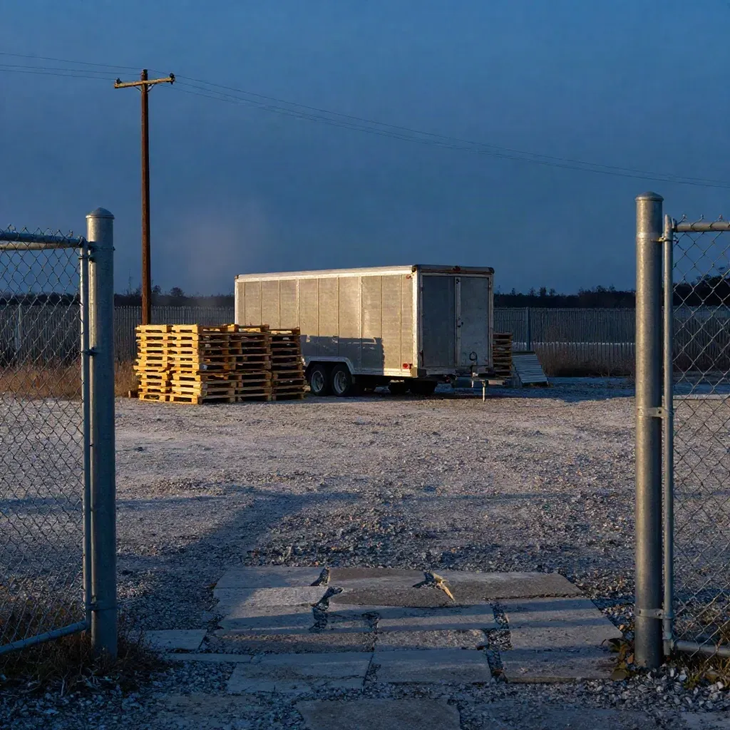 Fenced gravel yard at dusk with trailer, pallets, and a utility pole casting long shadows.