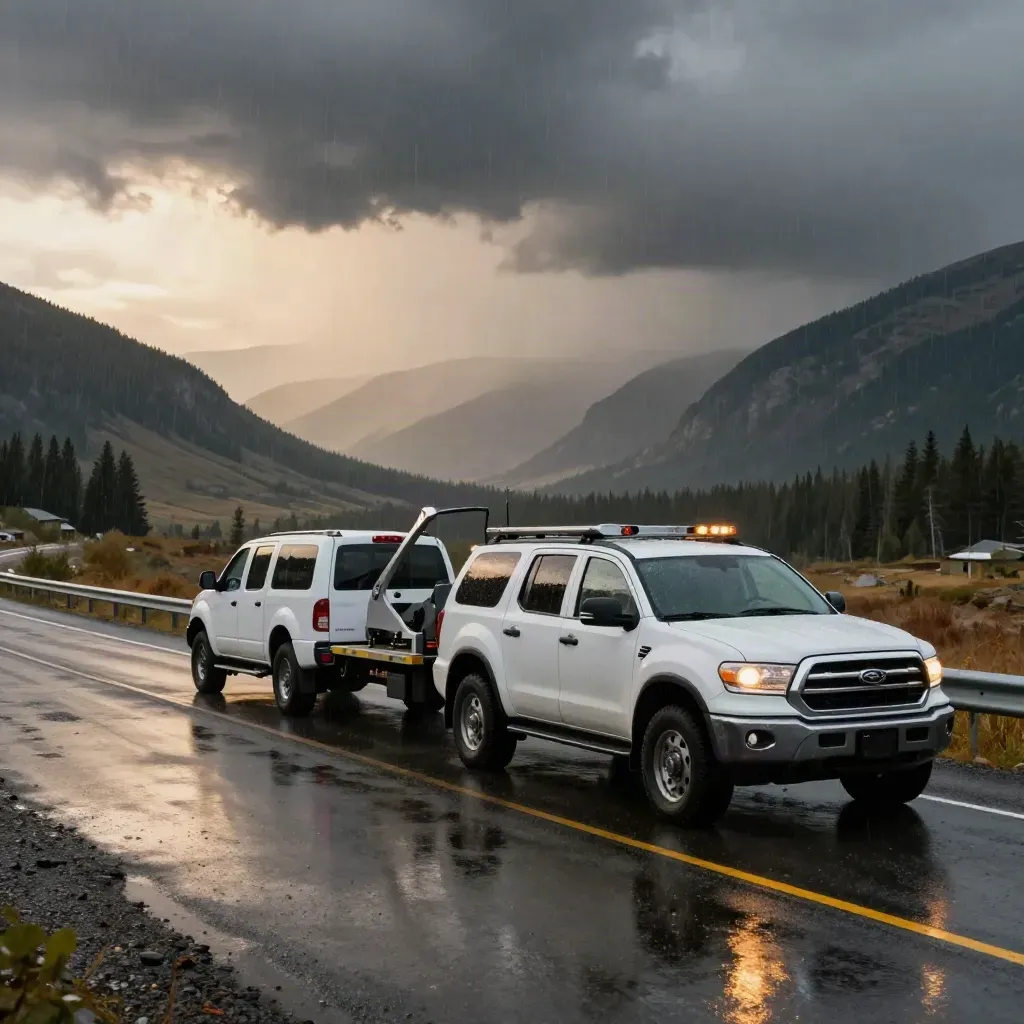 Two recovery vehicles on a wet mountain pullout under a passing rain squall
