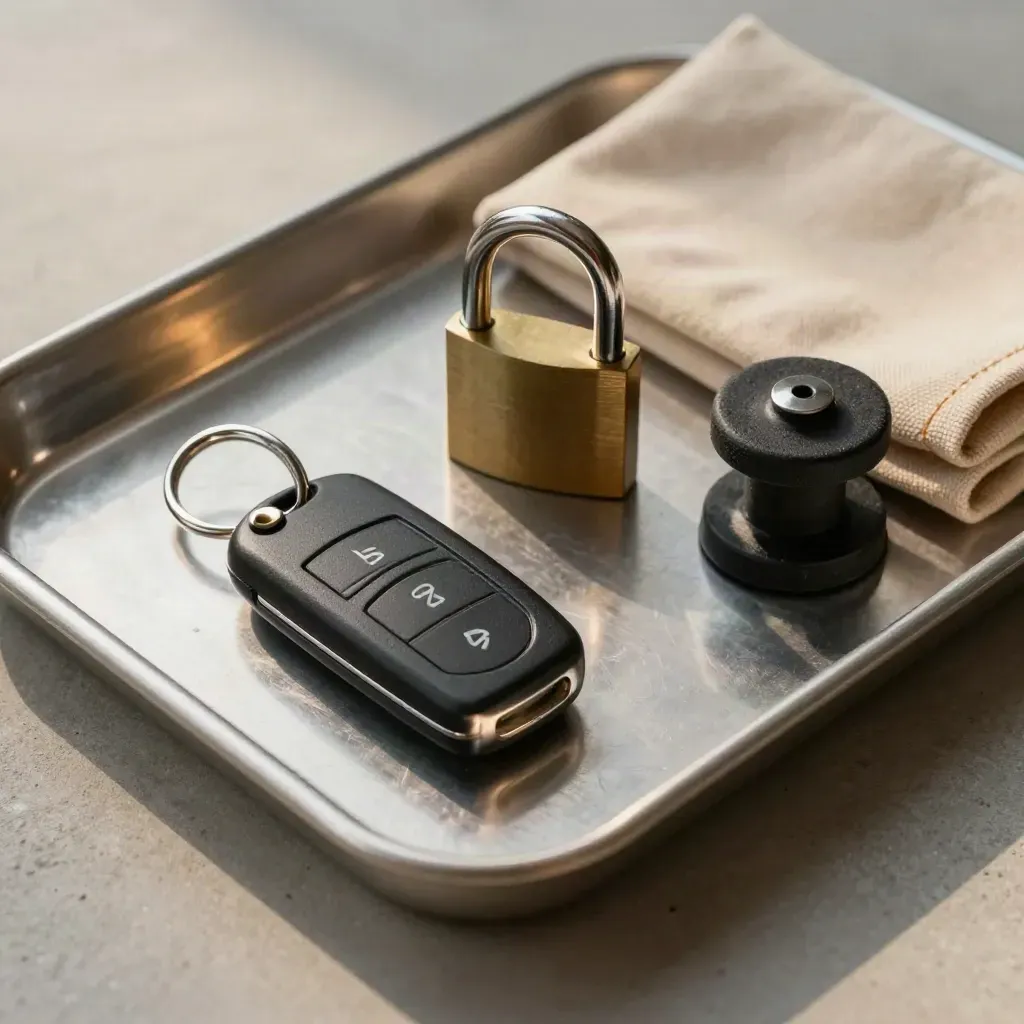 Repossession kit on a brushed metal tray with key fob, padlock, wheel chock, and cloth.