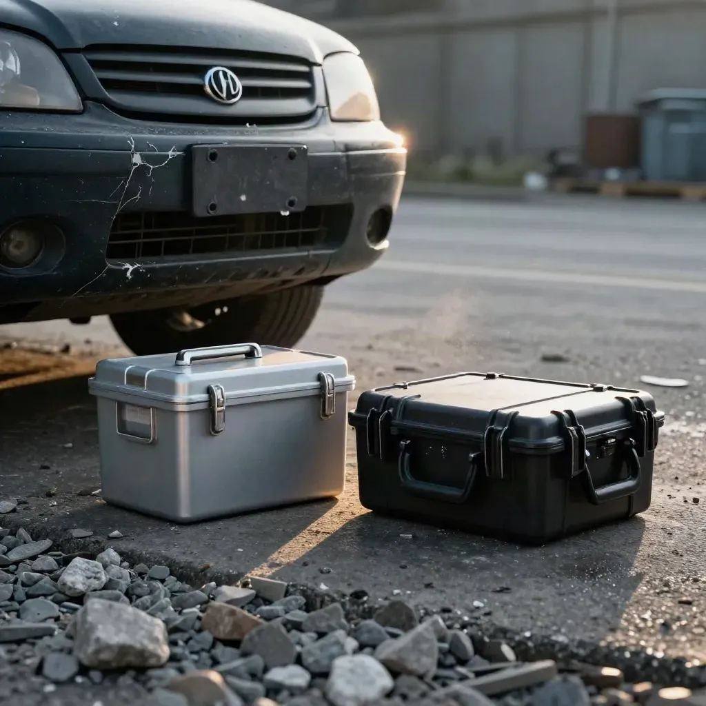Damaged bumper cover, evidence box, and sealed hard case on gravel in a quiet lot.