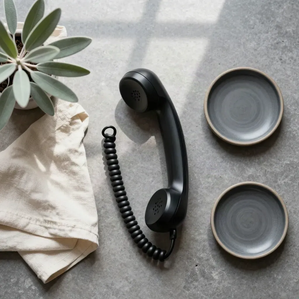 Overhead flatlay of a black handset with linen, plant, and ceramic dish on stone.