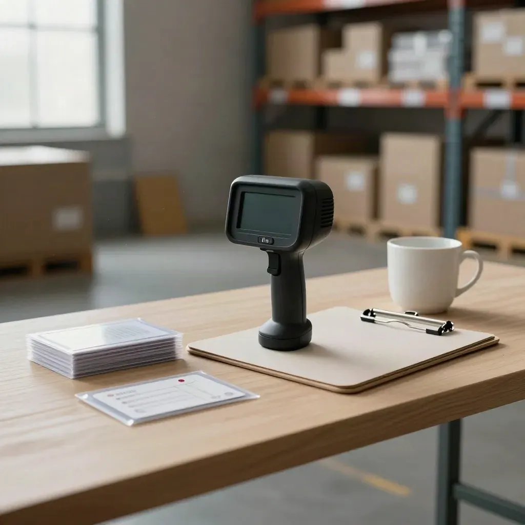 Warehouse audit kit on pale wood: scanner, tags, clipboard and cup in soft light.