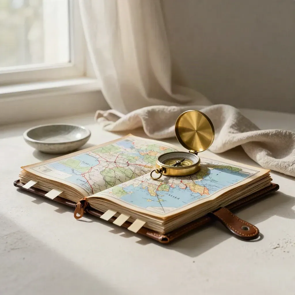 Closed atlas, brass compass, stone dish and linen cloth on plaster.