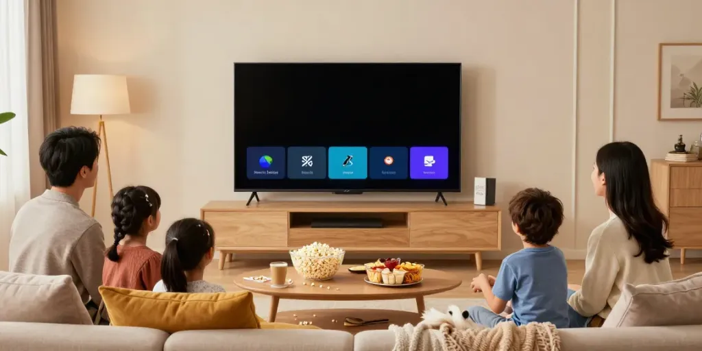 Family enjoying movie night with MovieBox app on TV screen