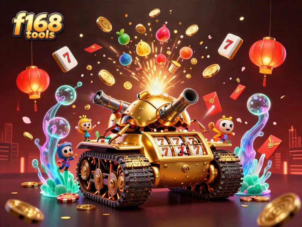 Experience f168 tools with a dynamic 3D casino scene featuring golden beetle tank and exciting gaming elements.