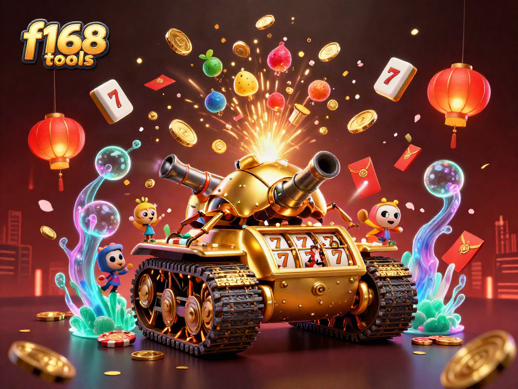Experience f168 tools with a dynamic 3D casino scene featuring golden beetle tank and exciting gaming elements.