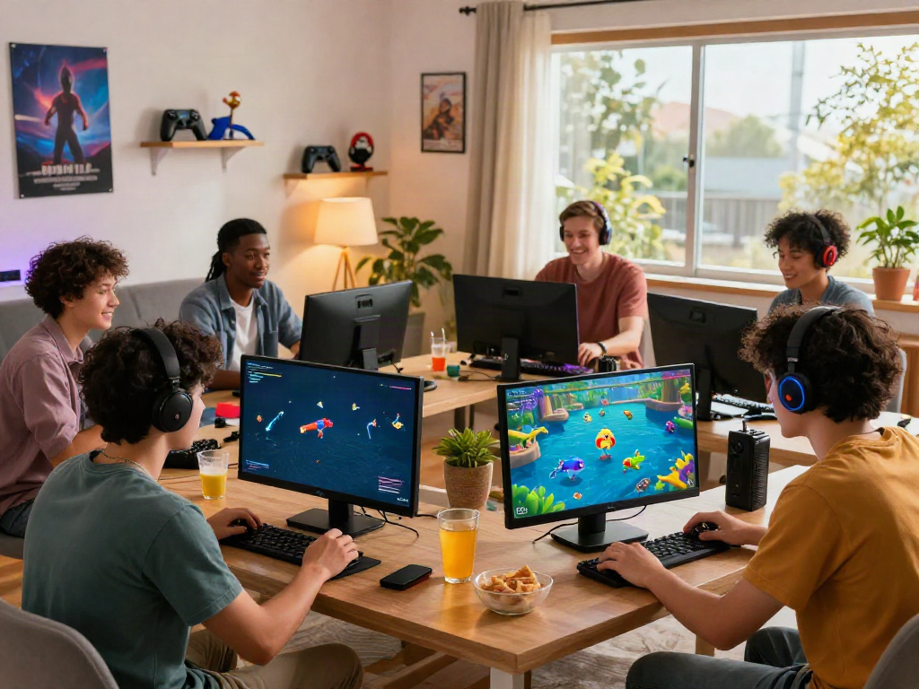 Friends enjoying a vibrant gaming session at home, showcasing https://du88az.net/ vibrant fishing adventures.