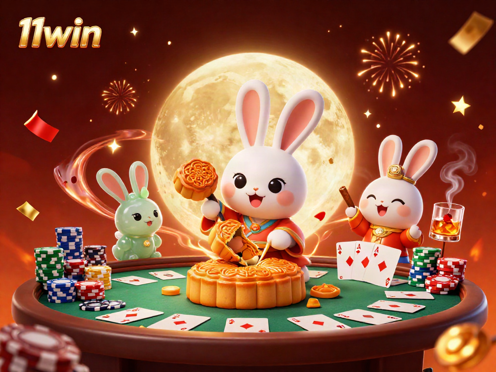 Engage with the dynamic 11win casino scene featuring a moon rabbit surrounded by vibrant poker elements.