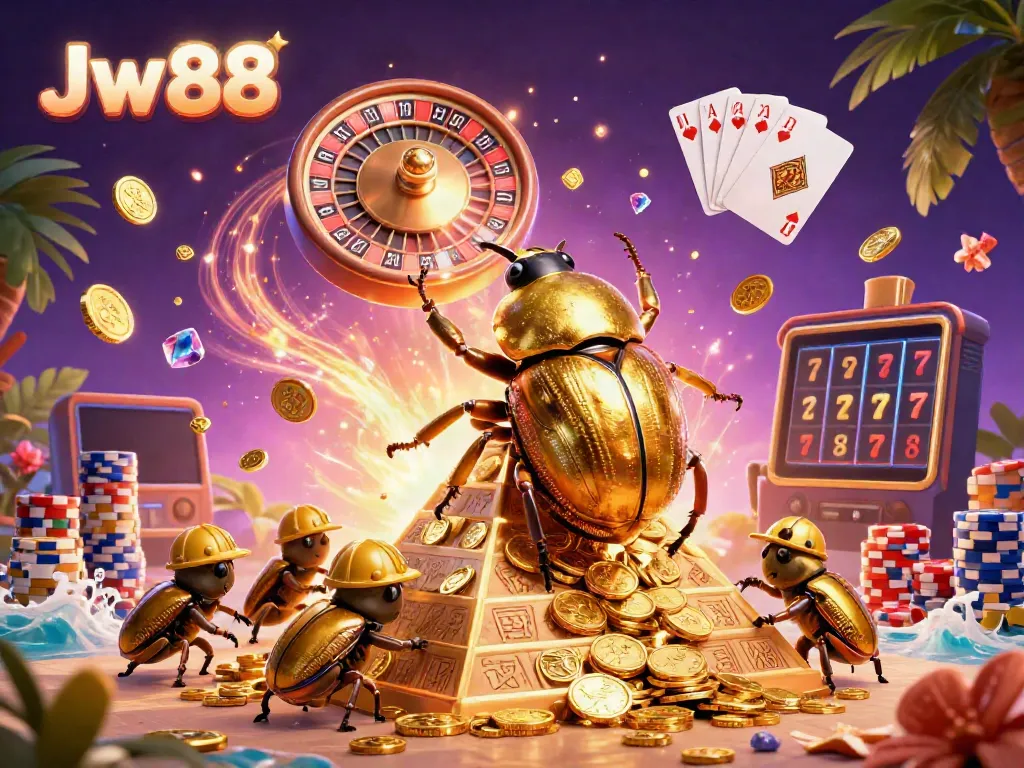 Experience the lively world of Jw 88 with golden beetles and vibrant casino elements in a lush sunset scene.