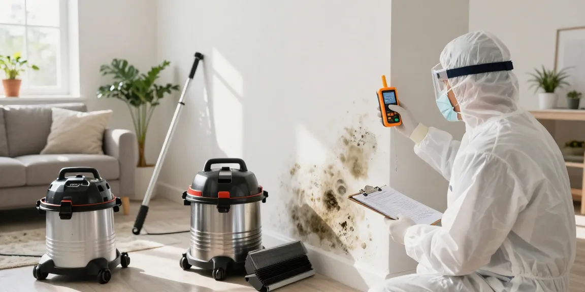 Mold Remediation West Vancouver technician inspecting for mold with HEPA filters and containment barriers in a bright living room.
