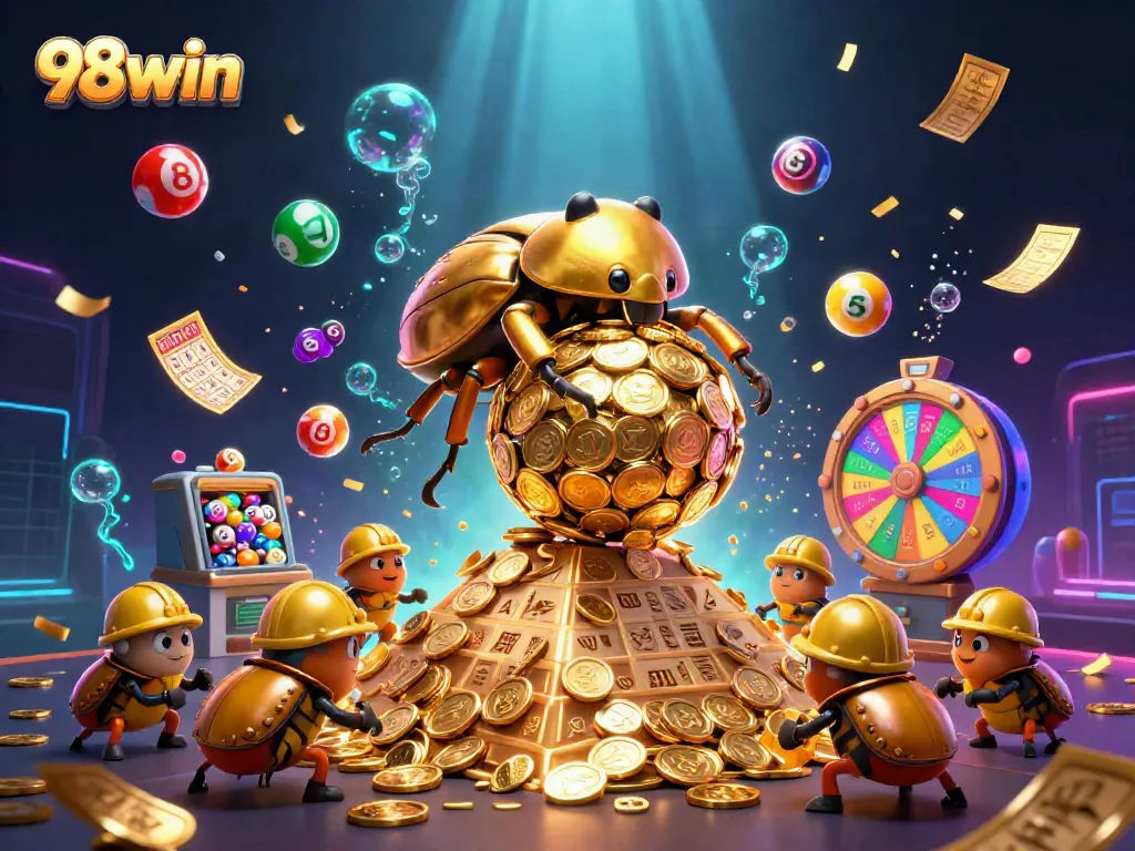 Engage with 98win's vibrant casino scene featuring golden beetles, lottery elements, and dynamic game symbols.