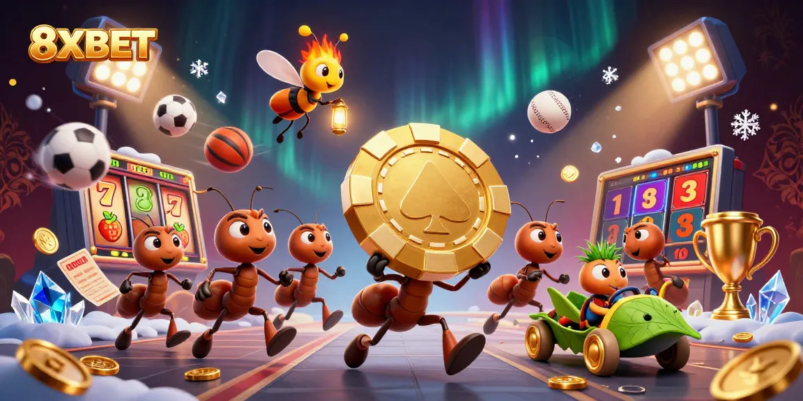 8XBET ants pulling a giant golden poker chip in a dynamic casino heist scene.